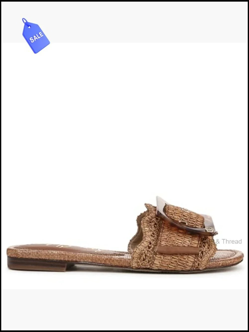 Raffia Slide Sandals with Resin Buckle, Slip-On, Flat Heel